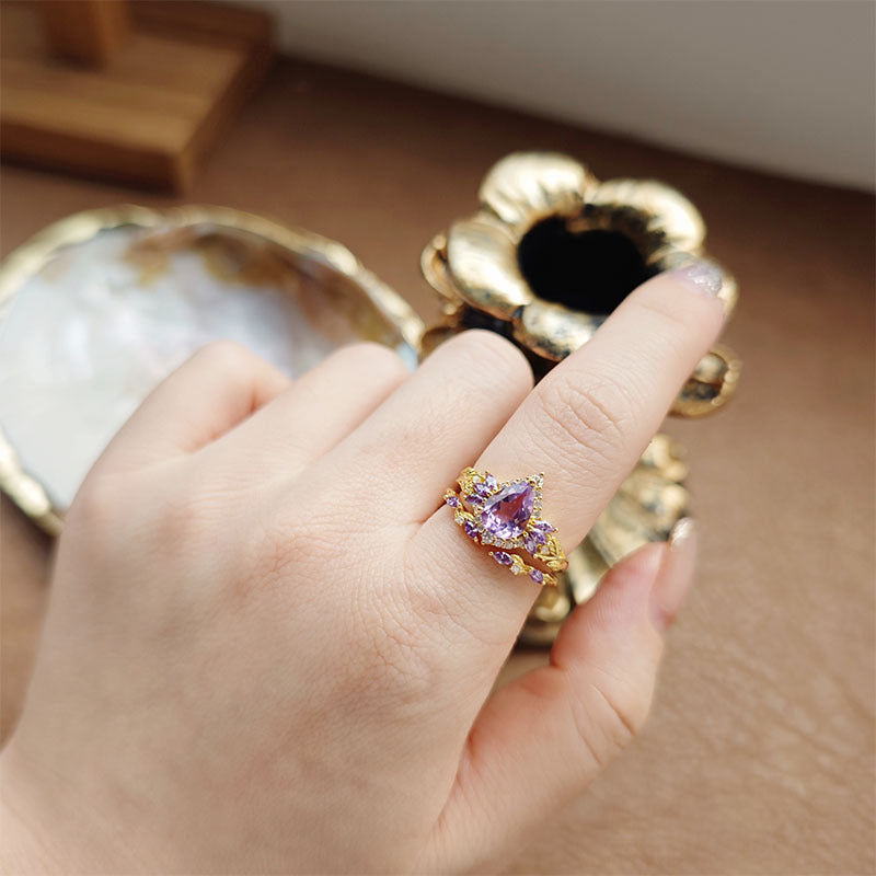 Pear Amethyst Ring Set Gift For Women