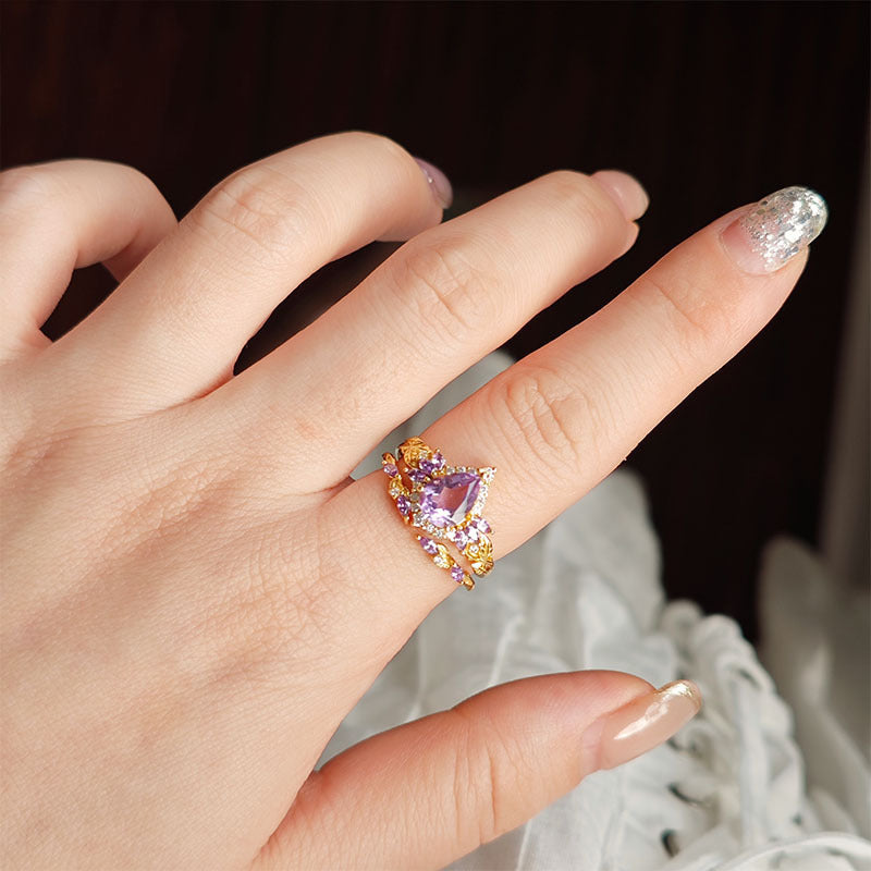 Pear Amethyst Ring Set Gift For 